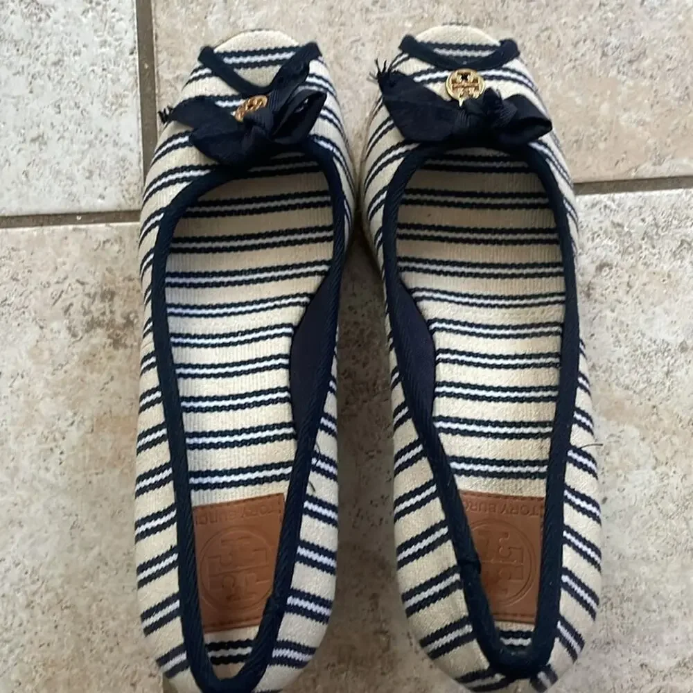 Tory Burch Jackie Striped Peep-Toe Wedge sandal Ivory Navy